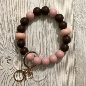 Silicone Beaded Wristlet Keychain Brown Salmon Pink w/ Large Lobster Clasp